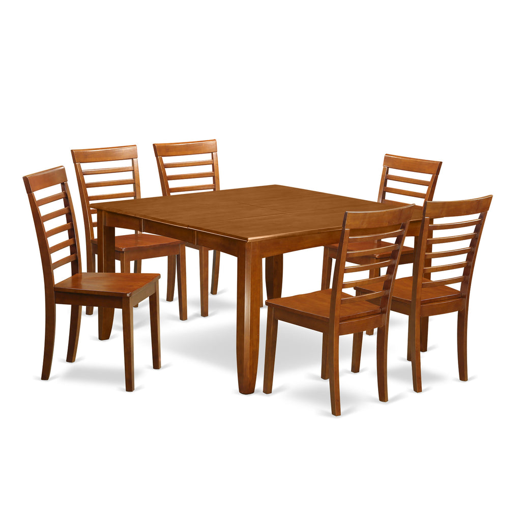 PFML7-S7M-R 7-Piece Dining Room Ensemble with Expanding Square Table & Six Chairs, 54x54in, Saddle Brown