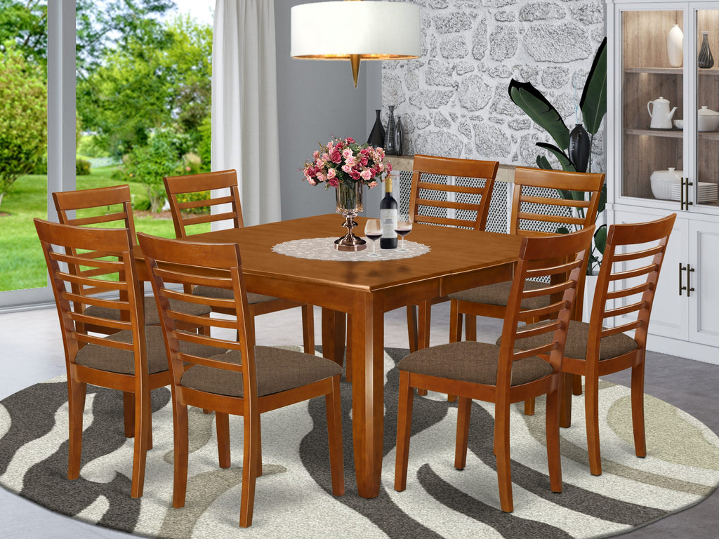 PFML9-ZD5-F 9-Piece Dining Set Square Table with Butterfly Leaf & 8 Chairs, 54x54, Saddle Brown