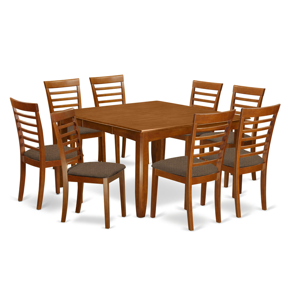 PFML9-ZD5-F 9-Piece Dining Set Square Table with Butterfly Leaf & 8 Chairs, 54x54, Saddle Brown