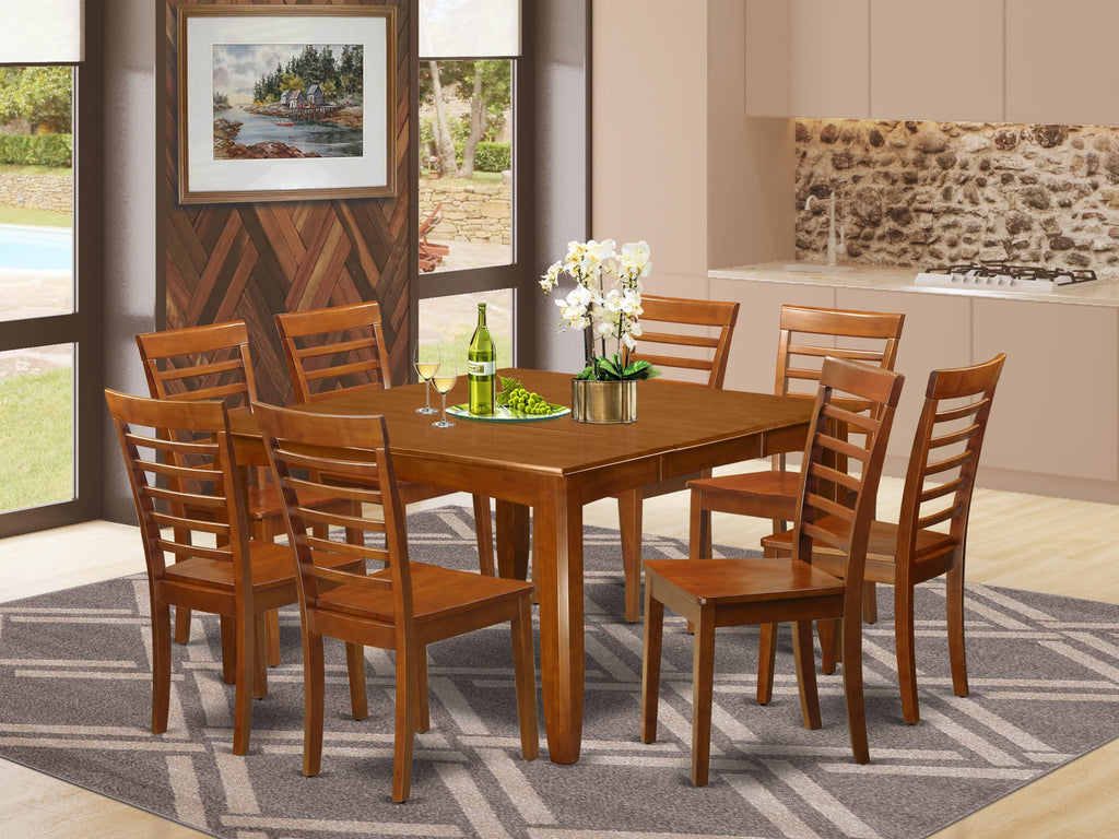 Deluxe PFML9-EY9-M Dining Suite 9-Piece Ensemble with Expandable Square Table & 8 Chairs, Rich Saddle Finish