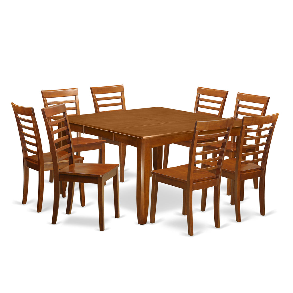 Deluxe PFML9-EY9-M Dining Suite 9-Piece Ensemble with Expandable Square Table & 8 Chairs, Rich Saddle Finish