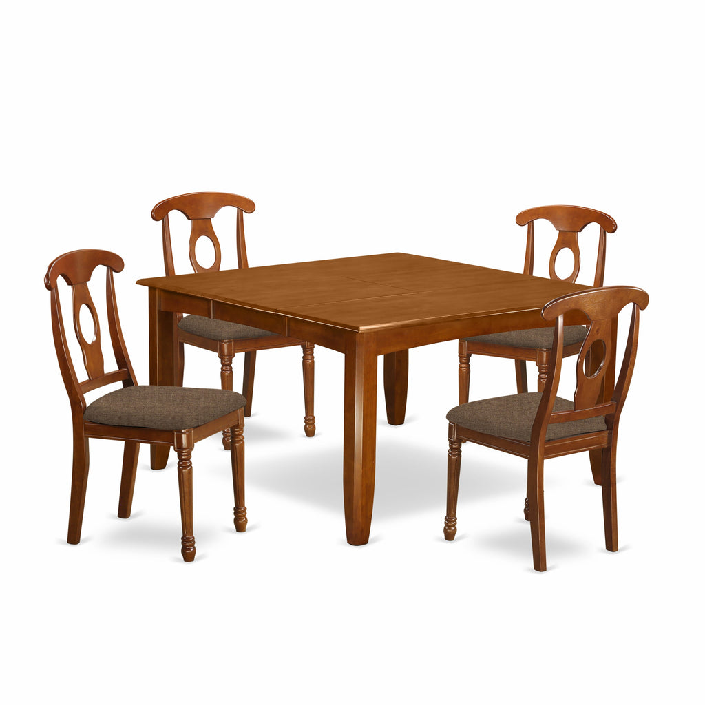 PFNA5-F08-X 5-Piece Dining Ensemble - Square Table with Leaf & 4 Comfy Linen Chairs, 54x54, Saddle Brown Finish