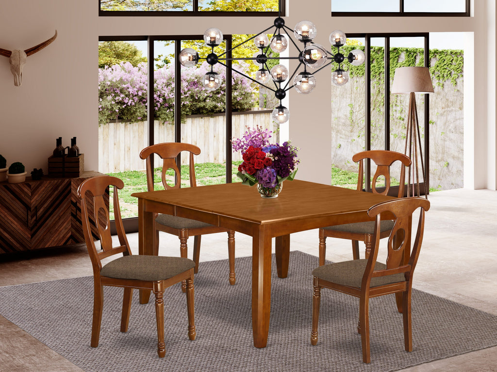 PFNA5-F08-X 5-Piece Dining Ensemble - Square Table with Leaf & 4 Comfy Linen Chairs, 54x54, Saddle Brown Finish