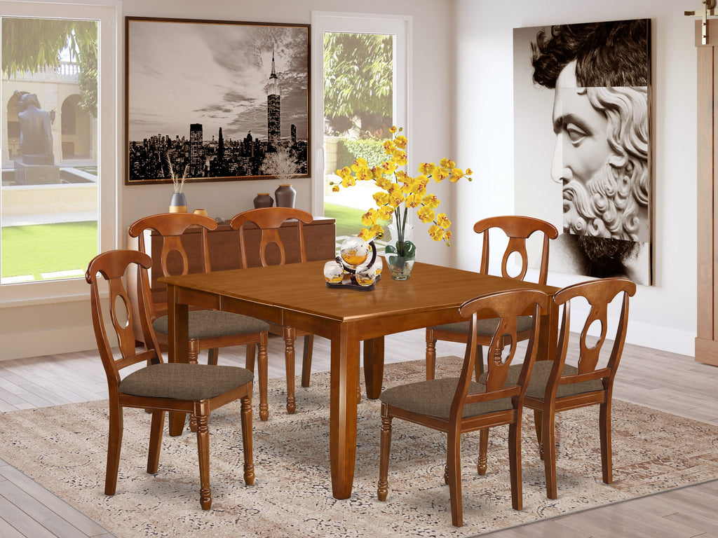PFNA7-8DG-3 - 7-Piece Dining Ensemble with Extendable Square Table and 6 Elegant Upholstered Seats, Dark Oak Finish