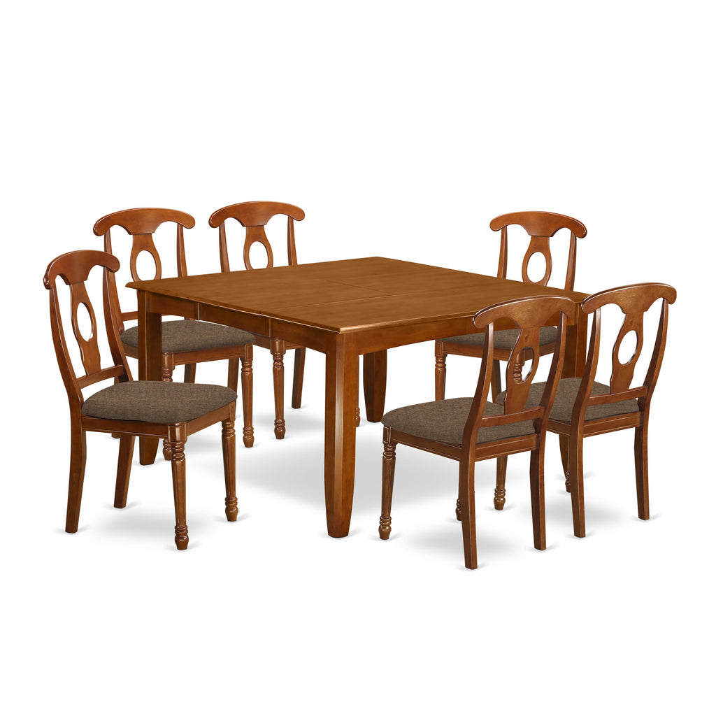 PFNA7-8DG-3 - 7-Piece Dining Ensemble with Extendable Square Table and 6 Elegant Upholstered Seats, Dark Oak Finish