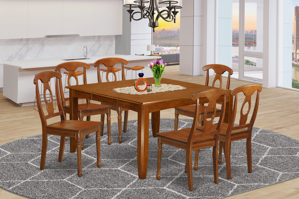 PFNA7-4H7-7 Elegant 7-Piece Dining Ensemble with Expansive Square Table and 6 Chairs in Saddle Brown, Butterfly Leaf Design, 54x54