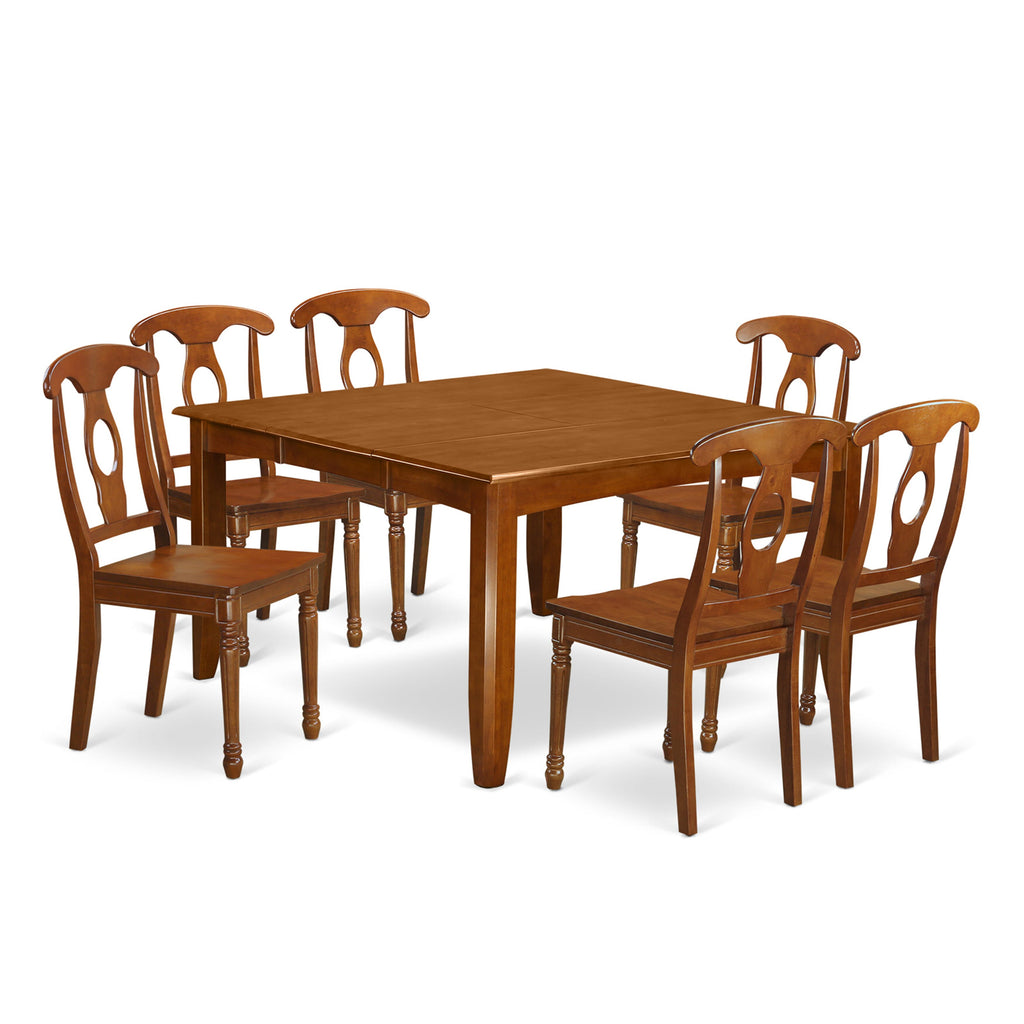 PFNA7-4H7-7 Elegant 7-Piece Dining Ensemble with Expansive Square Table and 6 Chairs in Saddle Brown, Butterfly Leaf Design, 54x54