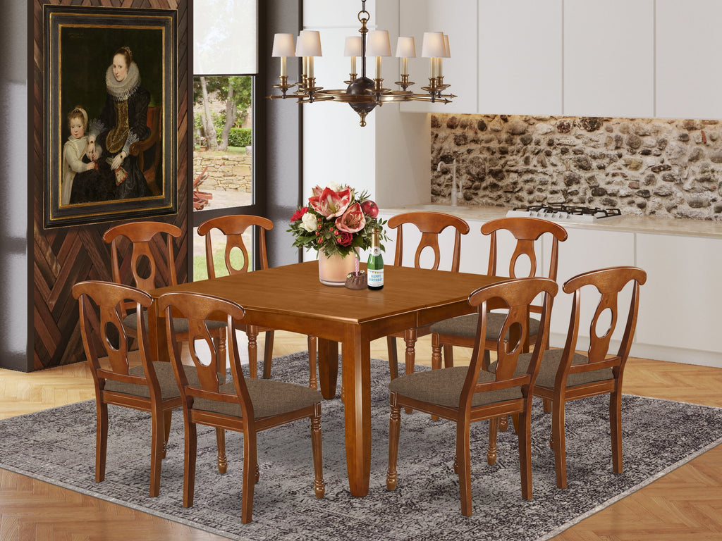 PFNA9-IDS-5 9 Piece Saddle Brown Square Dining Collection with Butterfly Leaf Table and Upholstered Chairs