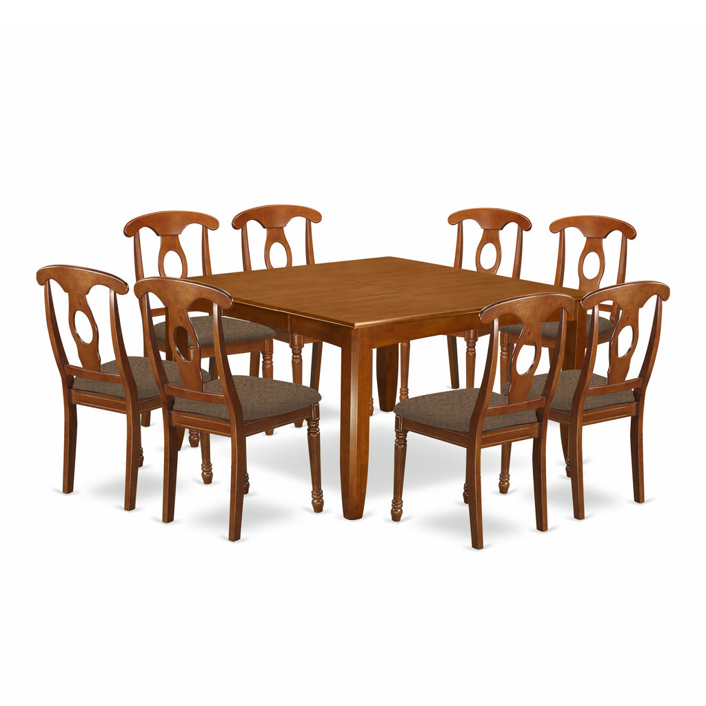 PFNA9-IDS-5 9 Piece Saddle Brown Square Dining Collection with Butterfly Leaf Table and Upholstered Chairs