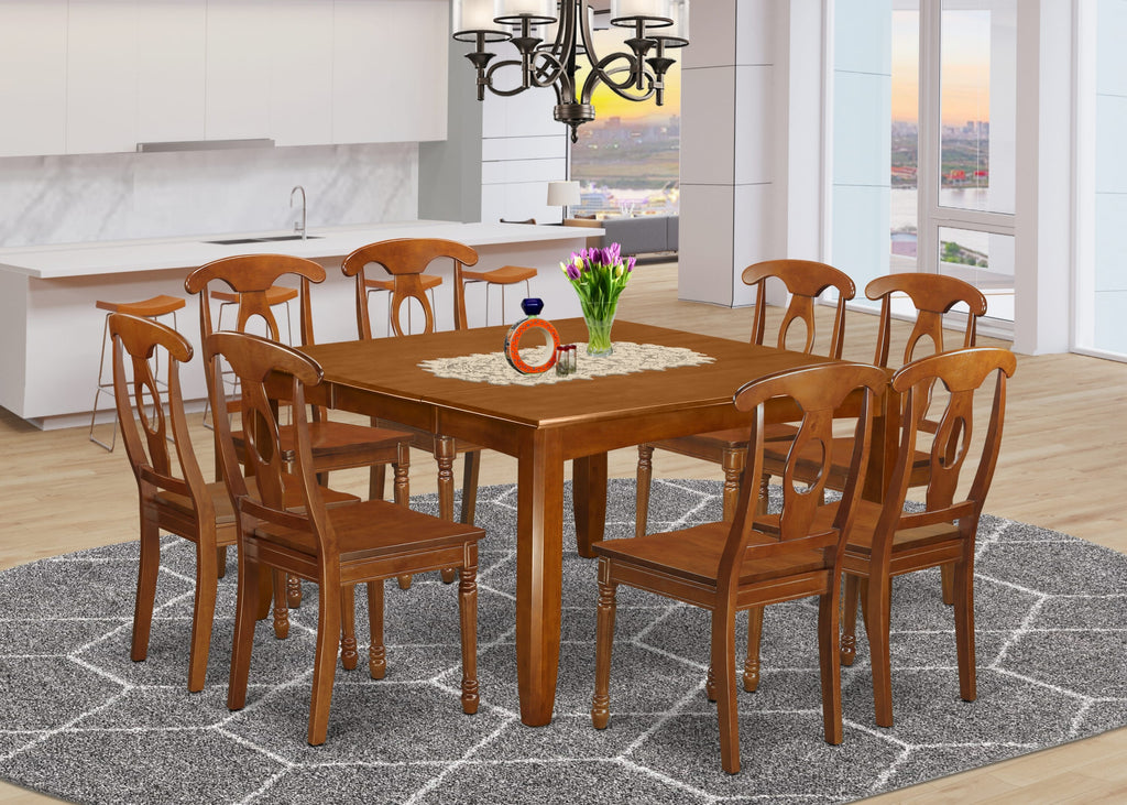 PFNA9-CA6-E 9 Piece Dining Room Set Square Table, Butterfly Leaf with 8 Saddle Brown Chairs