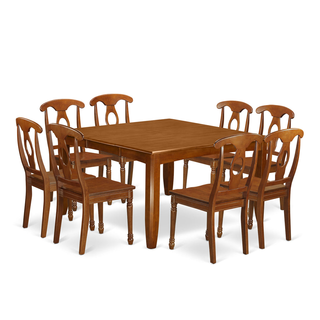 PFNA9-CA6-E 9 Piece Dining Room Set Square Table, Butterfly Leaf with 8 Saddle Brown Chairs