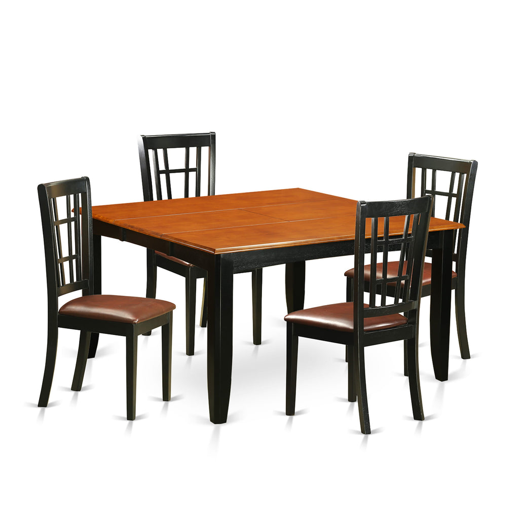 PFNI5-PR6-MZ 5-Piece Square Dining Set with Expanding Table and Upholstered Chairs for 4, Black Cherry Tone
