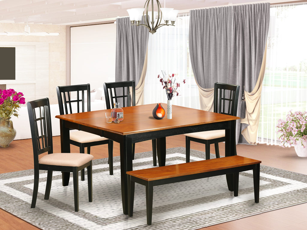 PFNI6-H9F-I 6-Piece Dining Ensemble Square Extension Table, Linen Seat Chairs, Bench - Style in Ebony & Cherry