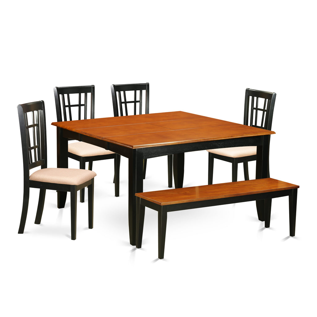 PFNI6-H9F-I 6-Piece Dining Ensemble Square Extension Table, Linen Seat Chairs, Bench - Style in Ebony & Cherry