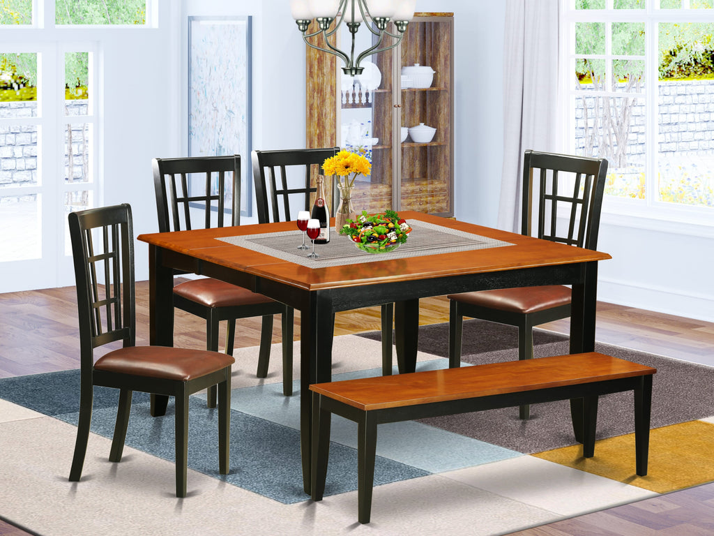 PFNI6-1YW-F6 6 Piece Dining Set Square Table with Butterfly Leaf, 4 Faux Leather Chairs & Bench in Black Cherry