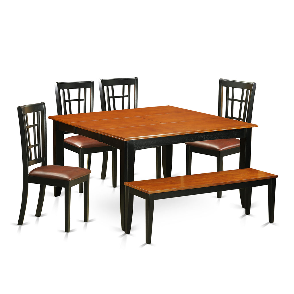 PFNI6-1YW-F6 6 Piece Dining Set Square Table with Butterfly Leaf, 4 Faux Leather Chairs & Bench in Black Cherry