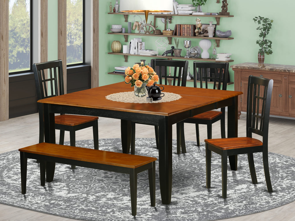 PFNI6-FYT-H 6-Piece Square Dining Set Featuring a Butterfly Leaf Table, Four Chairs, and Bench - Two-Tone Elegance in Black & Cherry, 54x54