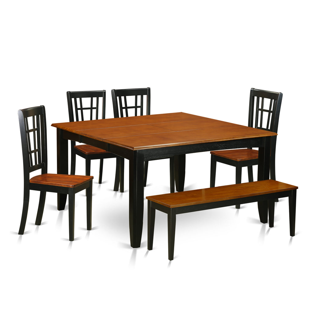 PFNI6-FYT-H 6-Piece Square Dining Set Featuring a Butterfly Leaf Table, Four Chairs, and Bench - Two-Tone Elegance in Black & Cherry, 54x54