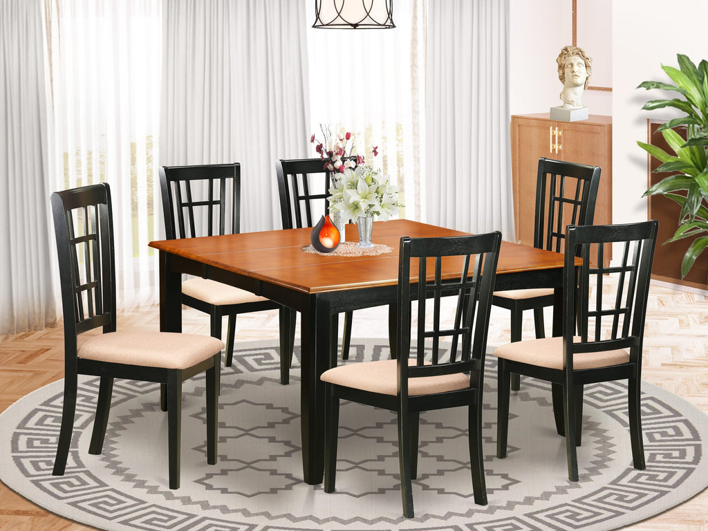 PFNI7-YXK-X 7-Piece Dining Ensemble with Extending Square Table and Upholstered Chairs in Black & Cherry, 54in