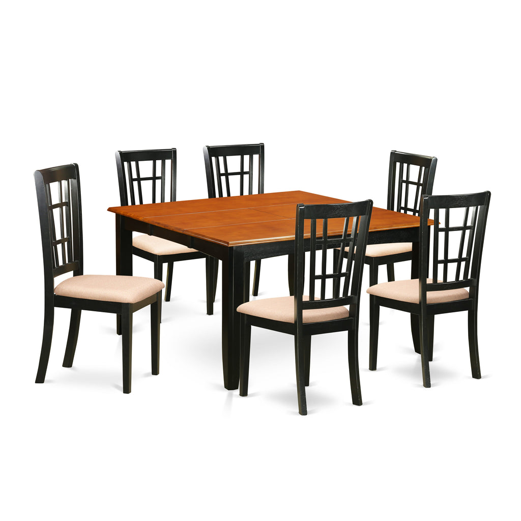 PFNI7-YXK-X 7-Piece Dining Ensemble with Extending Square Table and Upholstered Chairs in Black & Cherry, 54in