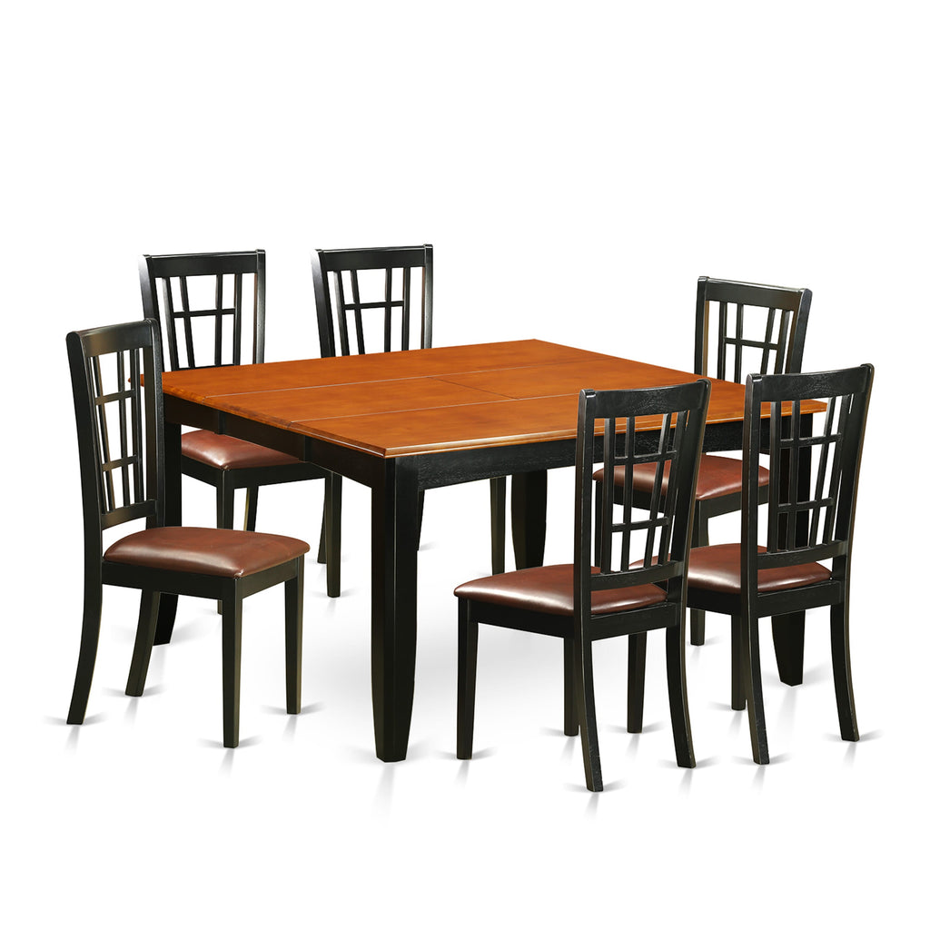 PFNI7-XS6-Y2 7 Piece Dining Ensemble with Expanding Top Table, Leather-like Seats, 54 Square Design in Black & Cherry