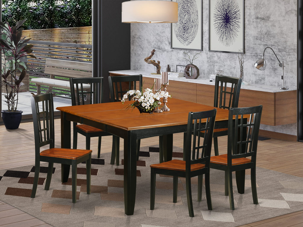 PFNI7-PFT-A Elegant 7-Piece Dining Set with Spacious Square Table and 6 Chic Chairs, Black & Cherry, Perfect for Modern Homes