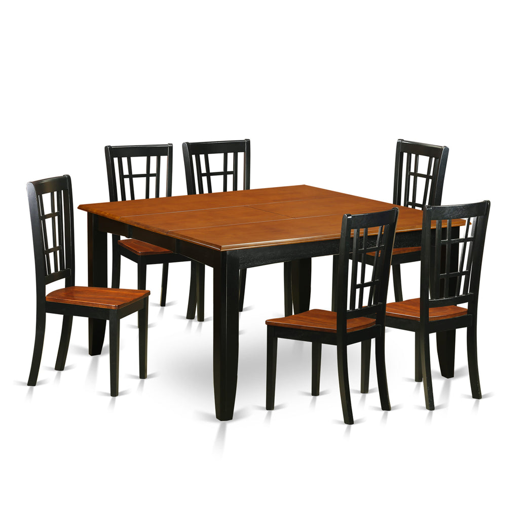 PFNI7-PFT-A Elegant 7-Piece Dining Set with Spacious Square Table and 6 Chic Chairs, Black & Cherry, Perfect for Modern Homes
