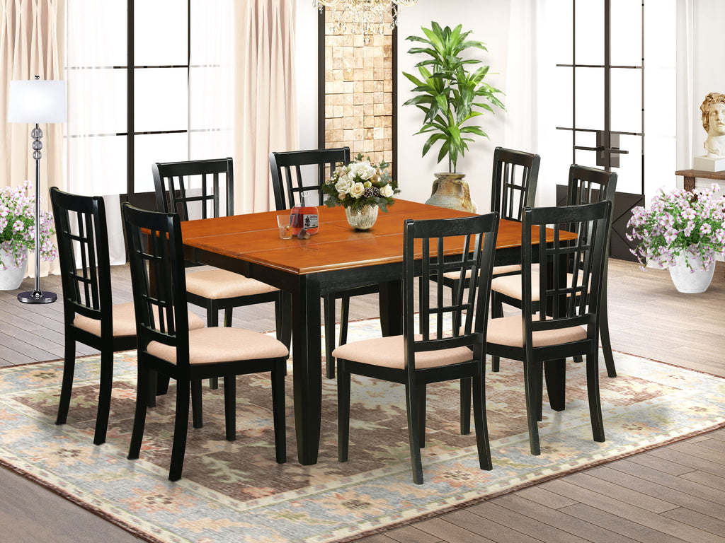 PFNI9-XIE-7 Nine-Piece Square Dining Ensemble with Butterfly Extension and Upholstered Seats, Black & Cherry