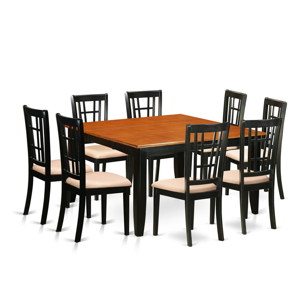PFNI9-XIE-7 Nine-Piece Square Dining Ensemble with Butterfly Extension and Upholstered Seats, Black & Cherry