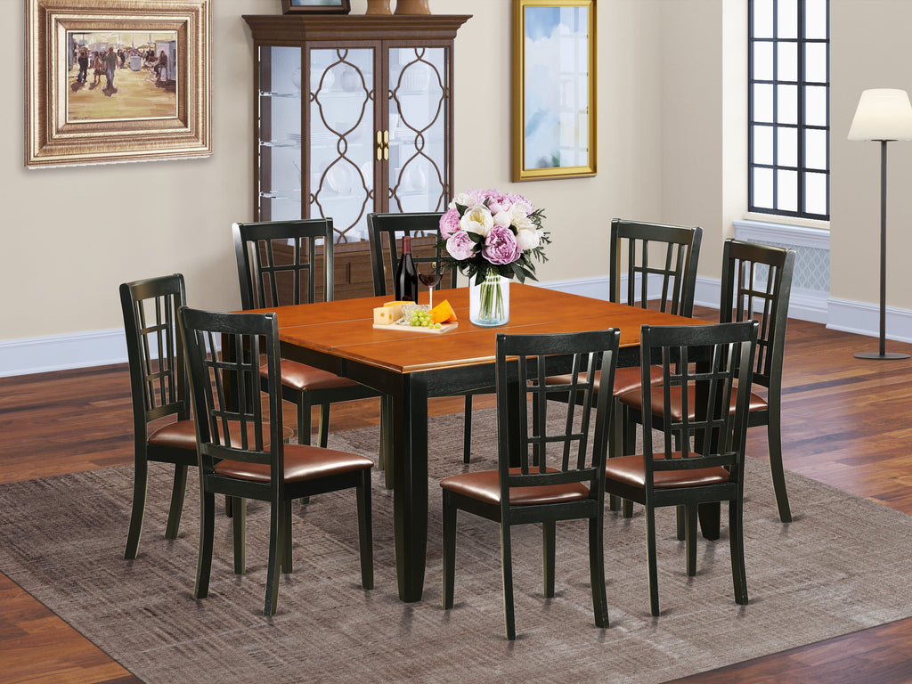 PFNI9-N6J-JV 9-Piece Set with Expandable Square Table and 8 Chic Faux Leather Dining Chairs, Black & Cherry