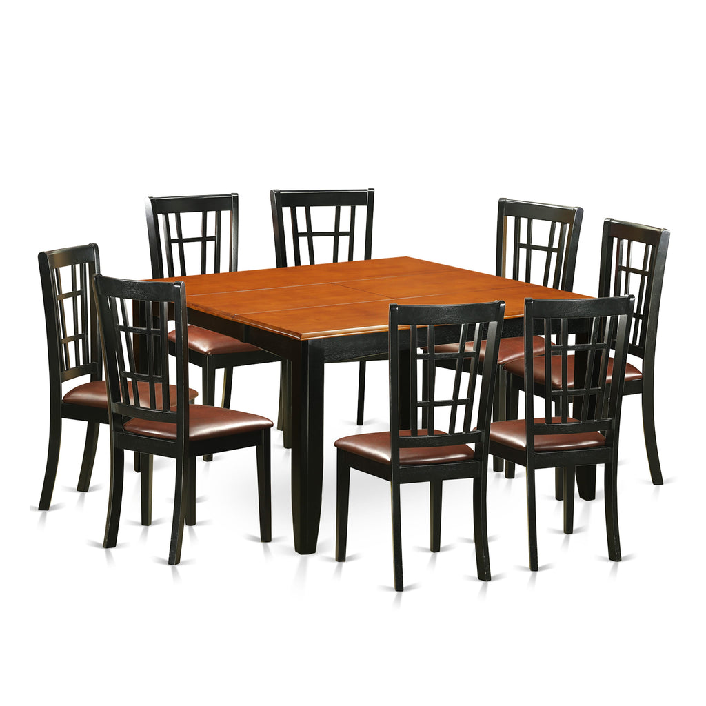 PFNI9-N6J-JV 9-Piece Set with Expandable Square Table and 8 Chic Faux Leather Dining Chairs, Black & Cherry