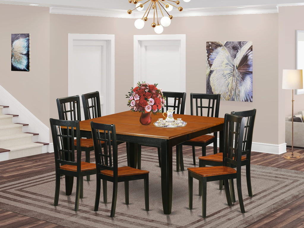PFNI9-E6L-B Modern 9-Piece Square Dining Set with Leaf Extension and 8 Seats, Cherry & Black