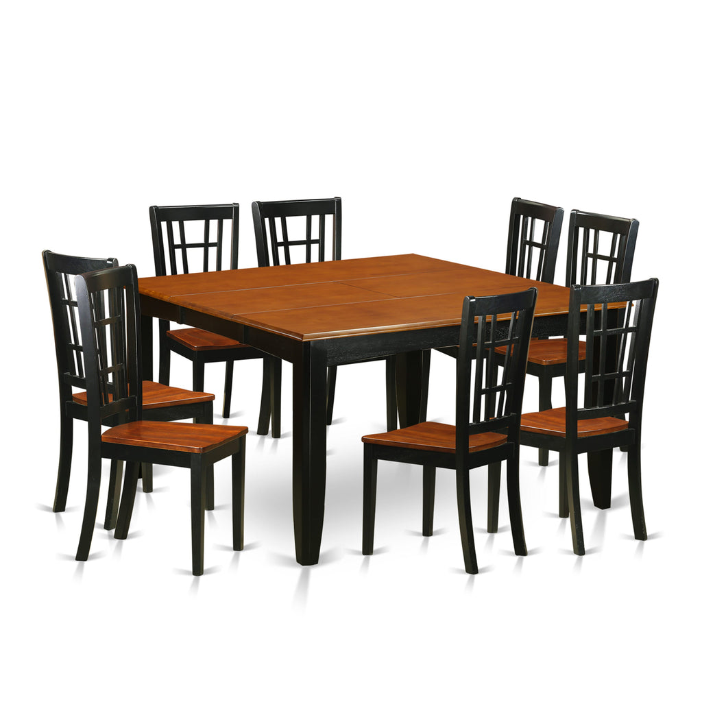 PFNI9-E6L-B Modern 9-Piece Square Dining Set with Leaf Extension and 8 Seats, Cherry & Black