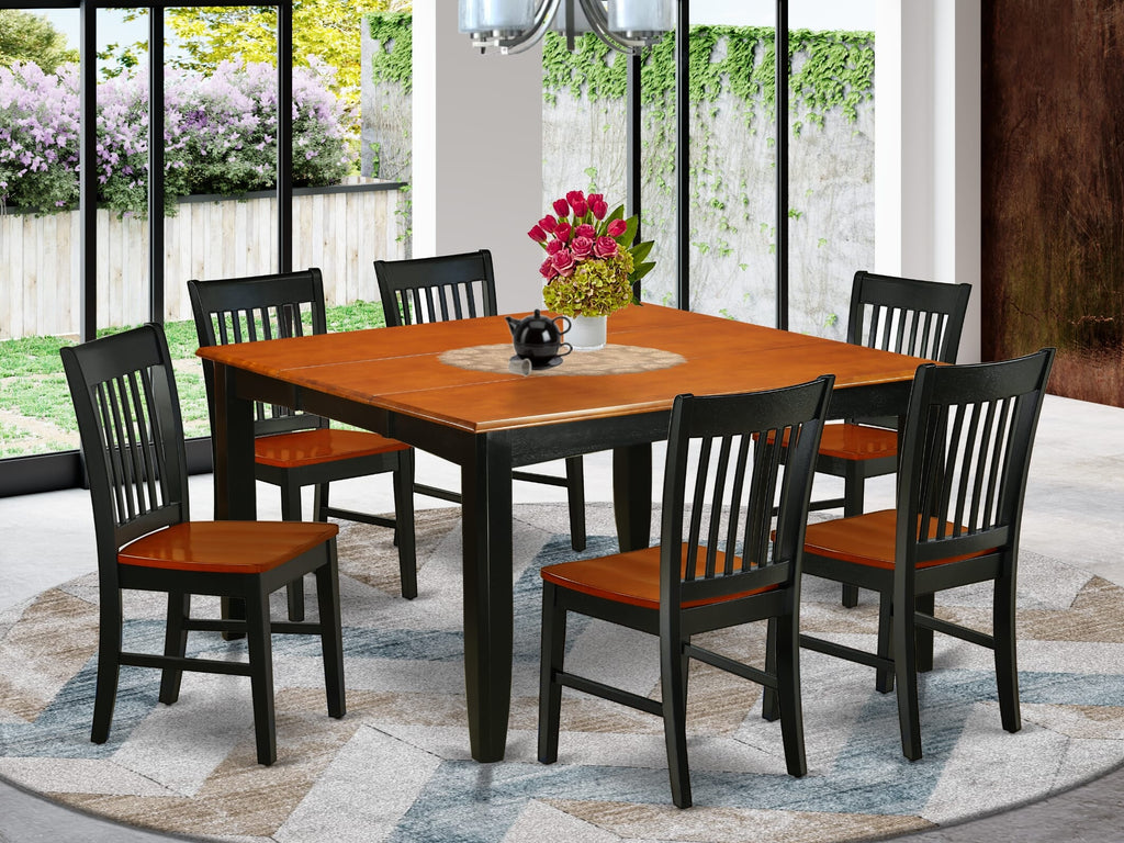 PFNO7-YQK-U 7-Piece Dining Ensemble with Square Extendable Table & 6 Chairs, Black & Cherry, 54x54 Inch