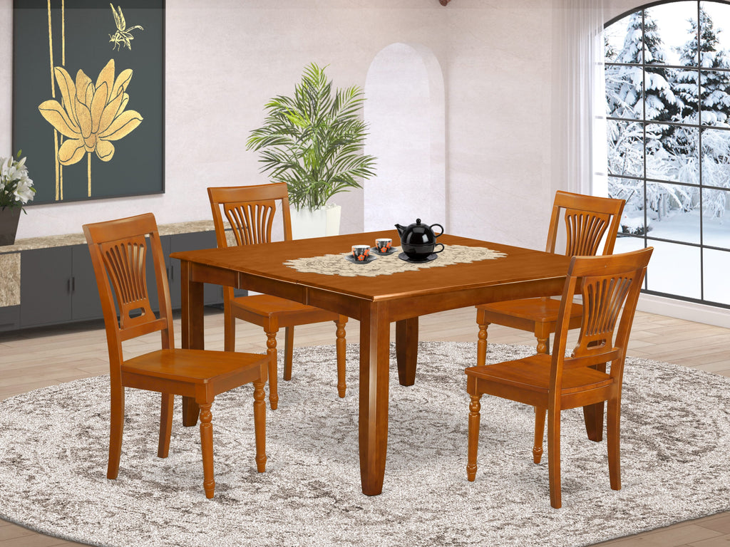 PFPL5-5CE-R 5-Piece Dining Ensemble Square Table with Expanding Leaf and Four Chairs for Dining, Saddle Brown