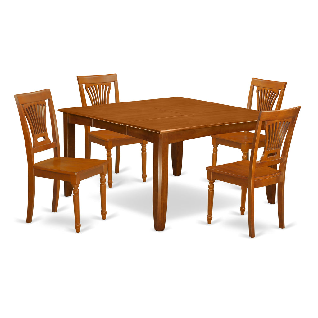 PFPL5-5CE-R 5-Piece Dining Ensemble Square Table with Expanding Leaf and Four Chairs for Dining, Saddle Brown