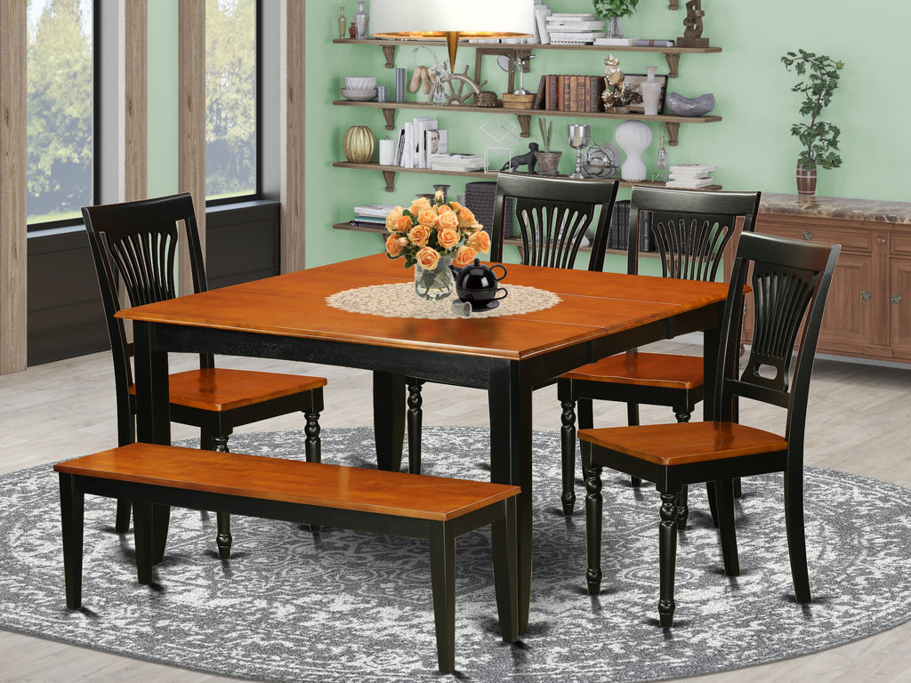 Sophisticated PFPL6-MA3-M Dining Ensemble with Square Table & Bench plus 4 Chairs in Black Cherry Finish