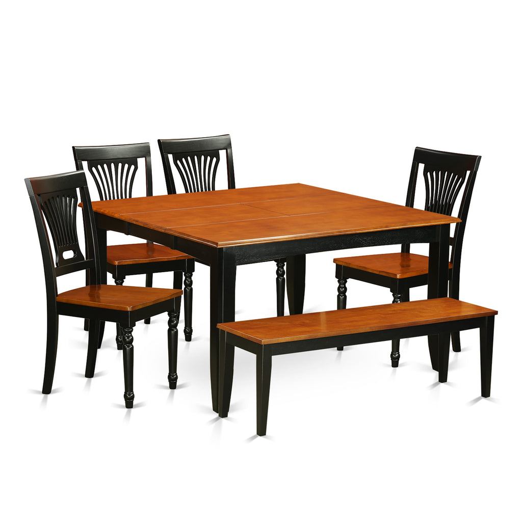 Sophisticated PFPL6-MA3-M Dining Ensemble with Square Table & Bench plus 4 Chairs in Black Cherry Finish