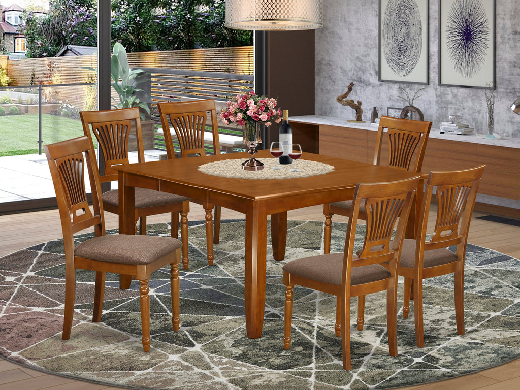 PFPL7-MJ8-X - 7-Piece Dining Set with Square Table and Butterfly Leaf, 54x54 Inch, Includes 6 Upholstered Chairs, Saddle Brown