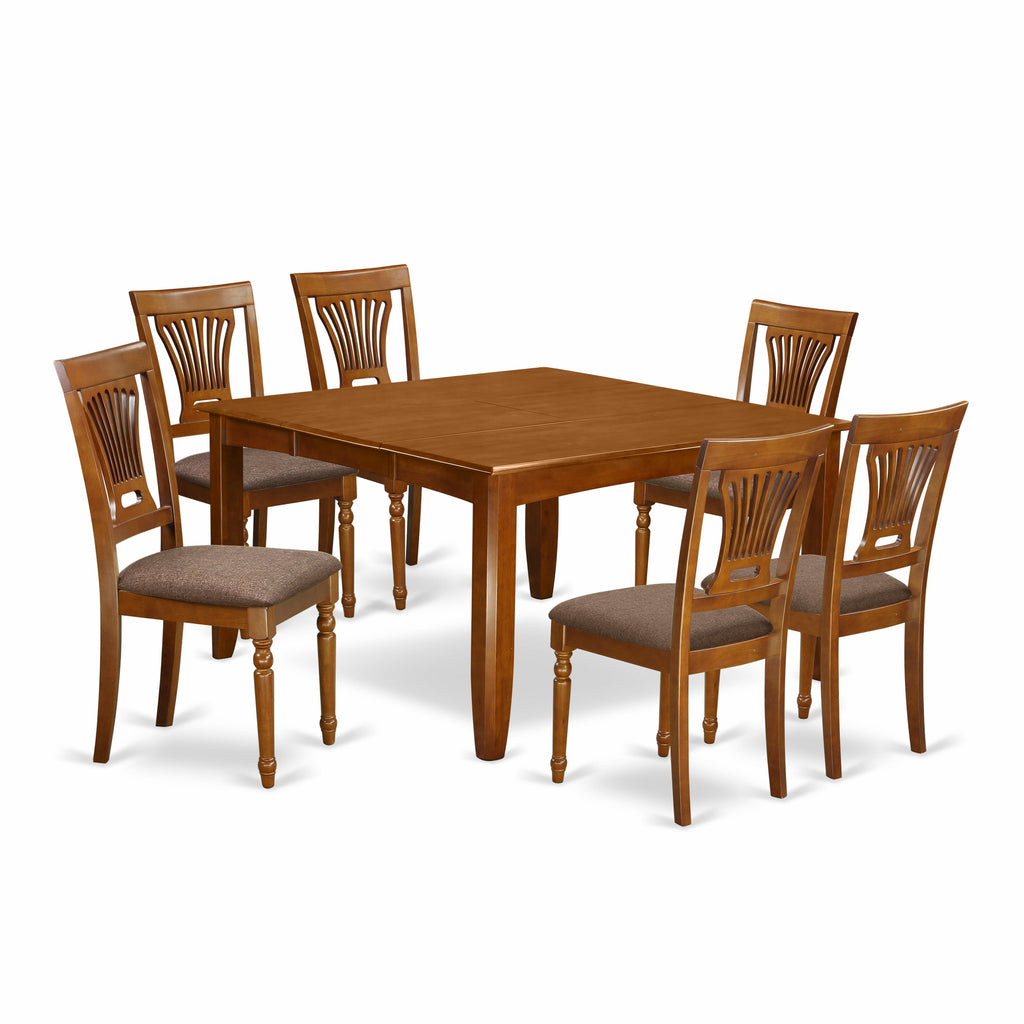 PFPL7-MJ8-X - 7-Piece Dining Set with Square Table and Butterfly Leaf, 54x54 Inch, Includes 6 Upholstered Chairs, Saddle Brown