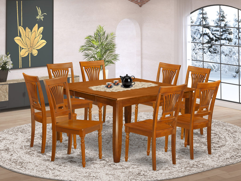 PFPL9-SP4-M 9 Piece Dining Ensemble with Leaf Extension Table & 8 Chairs, Saddle Brown