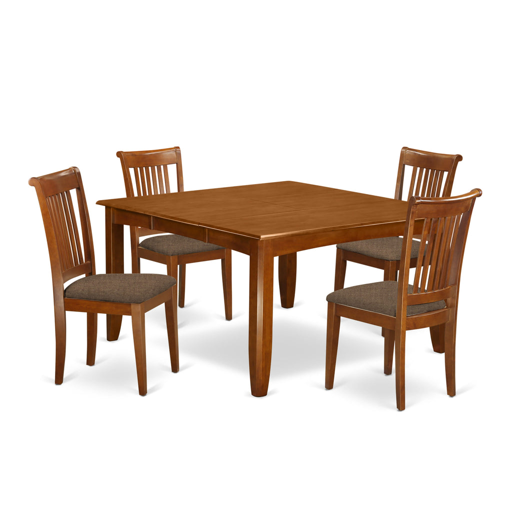 Dining Ensemble PFPO5-3SR-L 5-Piece Square Table & 4 Upholstered Chairs with Butterfly Leaf, 54 Saddle Brown