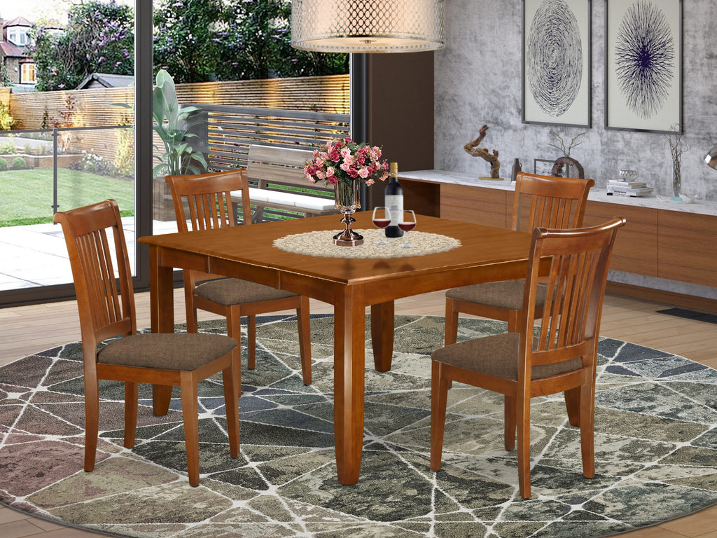 Dining Ensemble PFPO5-3SR-L 5-Piece Square Table & 4 Upholstered Chairs with Butterfly Leaf, 54 Saddle Brown