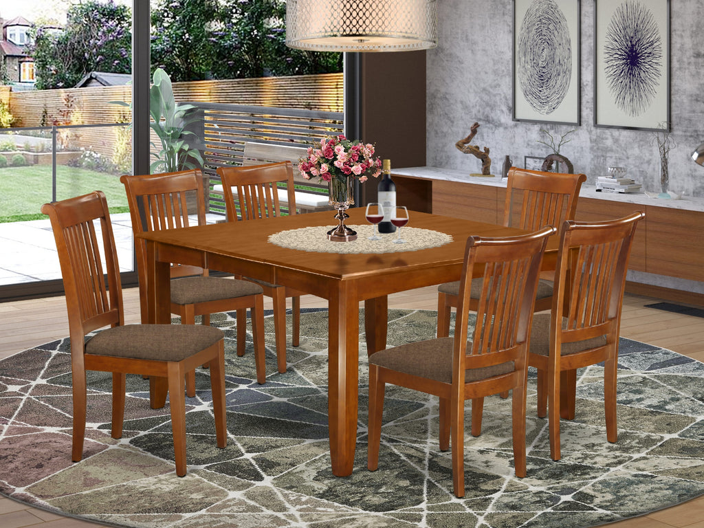 PFPO7-8E8-4 7-Piece Modern Dining Collection with Square Table & 6 Upholstered Chairs, 54x54 Saddle Brown