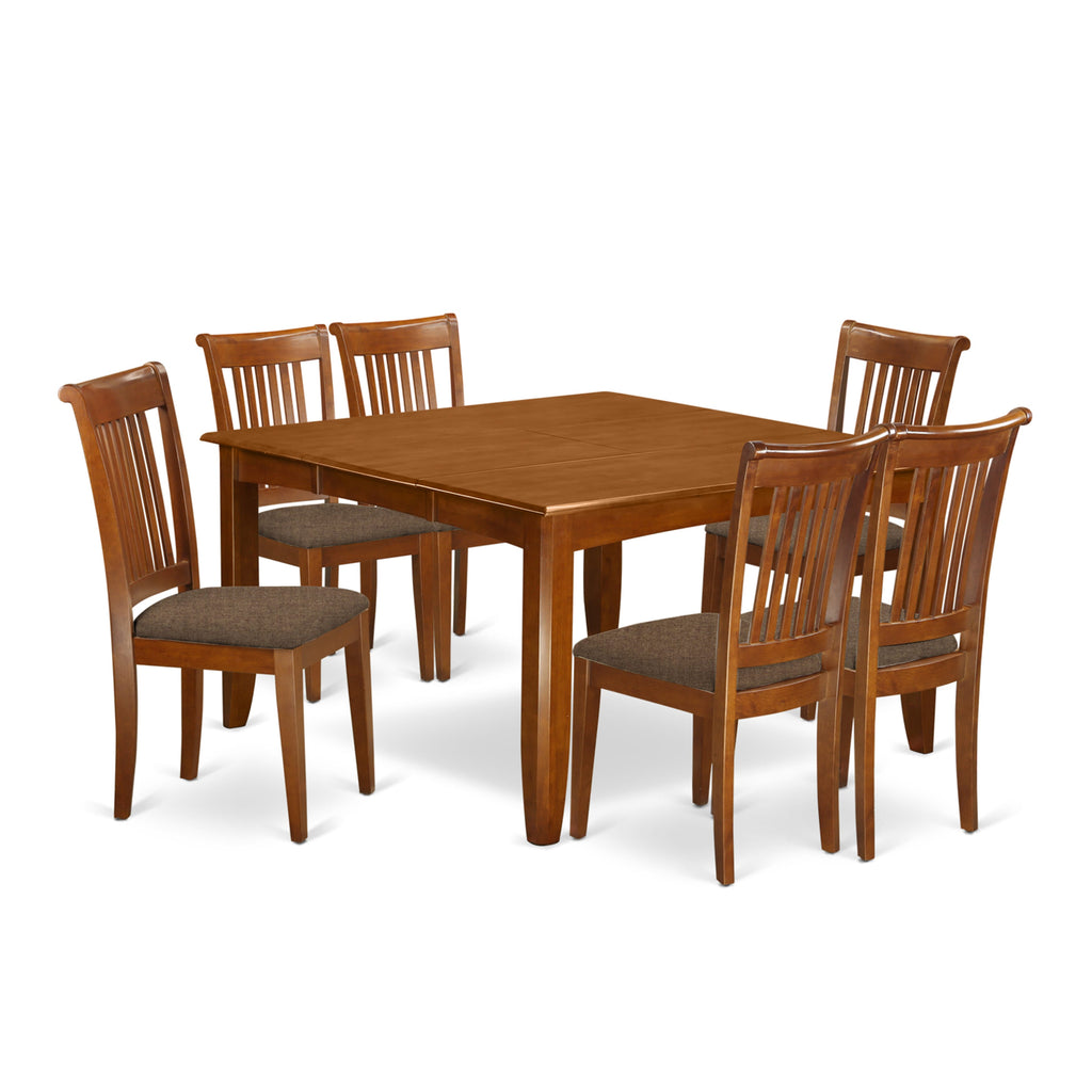PFPO7-8E8-4 7-Piece Modern Dining Collection with Square Table & 6 Upholstered Chairs, 54x54 Saddle Brown