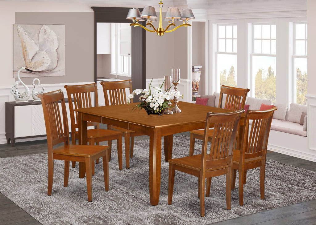 PFPO7-48Z-1 Elegant 7-Piece Dining Set with Extended Square Table & 6 Chairs, 54x54, Saddle Brown Charm