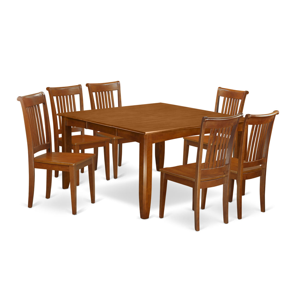 PFPO7-48Z-1 Elegant 7-Piece Dining Set with Extended Square Table & 6 Chairs, 54x54, Saddle Brown Charm