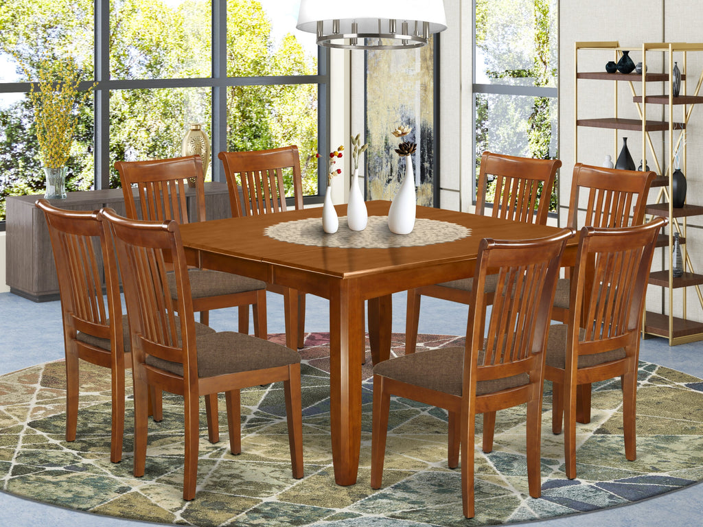 PFPO9-NVH-2 Elegant 9-Piece Dining Ensemble with Square Table and 8 Upholstered Linen Chairs, Saddle Finish