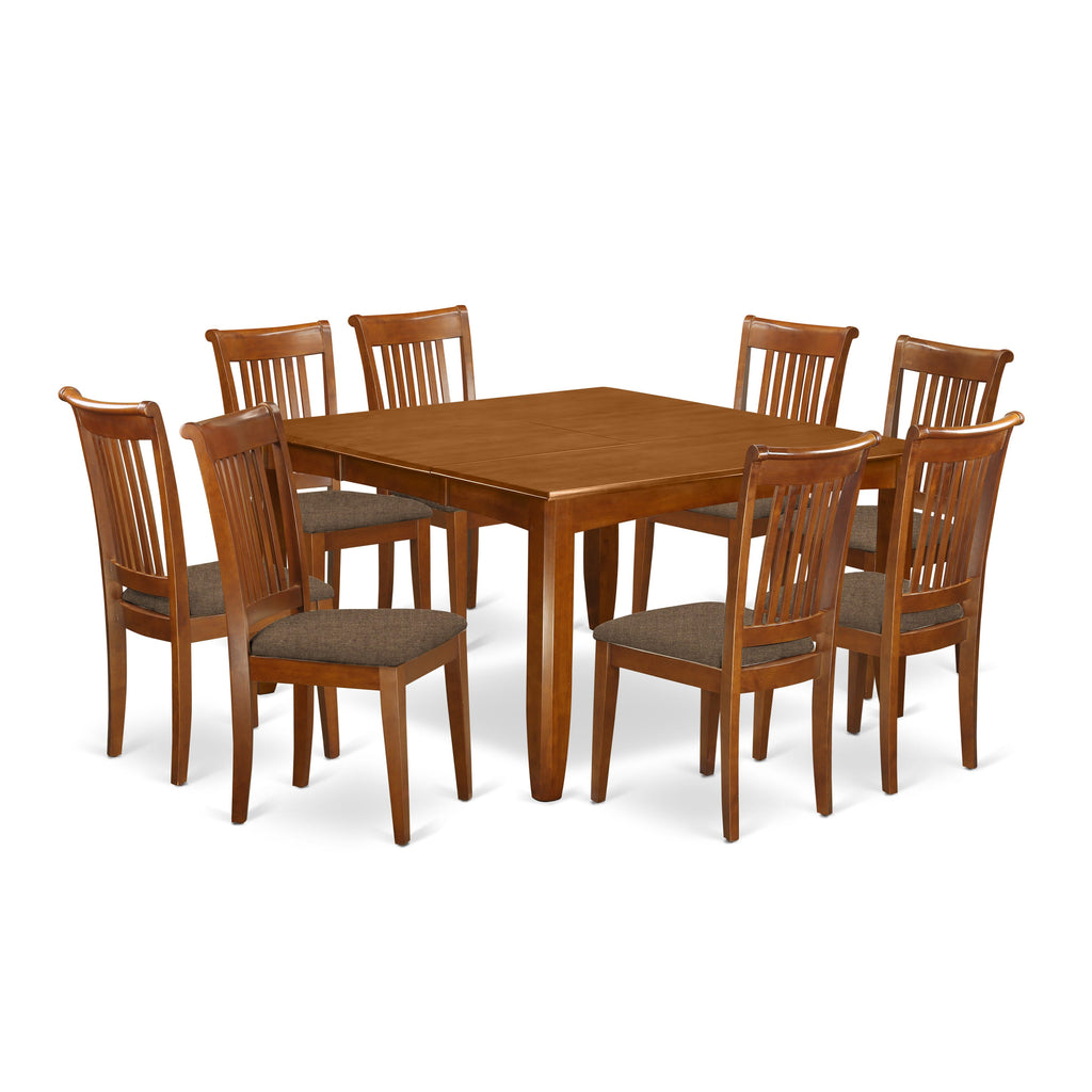 PFPO9-NVH-2 Elegant 9-Piece Dining Ensemble with Square Table and 8 Upholstered Linen Chairs, Saddle Finish