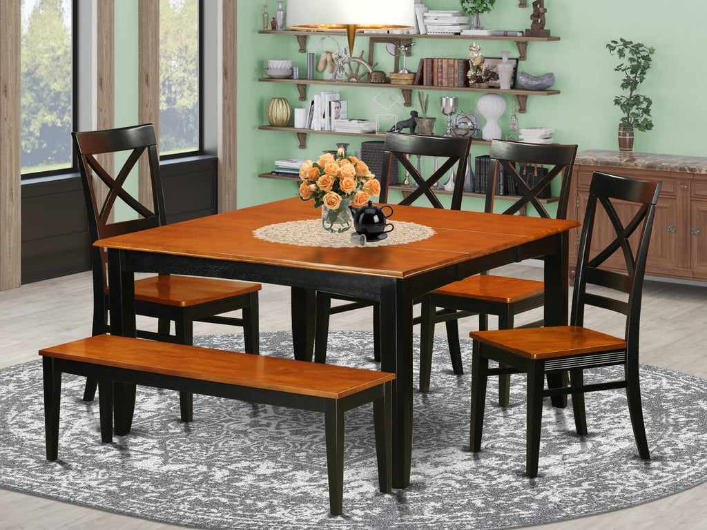 PFQU6-NBV-R 6 Piece Square Dining Ensemble with Butterfly Leaf Table + Chairs & Bench, Black & Cherry